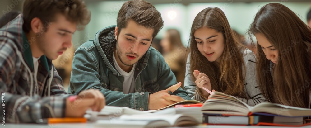 Poster a group of students are focused on studying together in a library environment, fostering collaborati