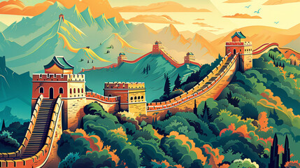 an illustration of the Great Wall in China, and natural scenery, green mountains and rivers, a landscape painting wallpaper
