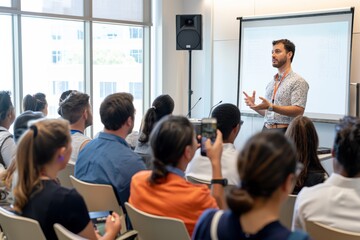 A professional speaker shares insights on teamwork, networking, public speaking, and leadership in a modern conference, engaging a diverse audience with valuable content and interactive sessions