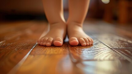 Child's Bare Feet on Wooden Floor