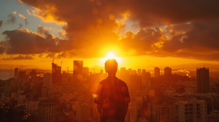 Silhouette of Person Watching Urban Sunset