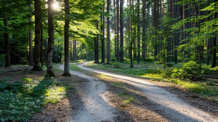 Fototapeta premium This image portrays a tranquil path winding through a forest with sunlight beautifully filtering through the green canopy, creating a peaceful and inviting atmosphere.
