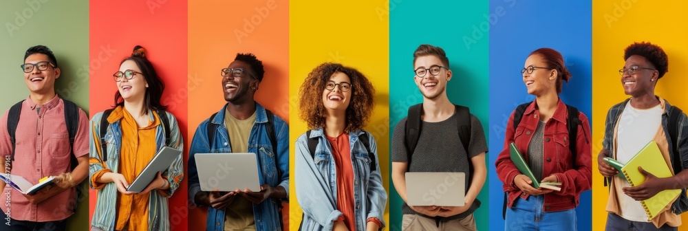Poster College students happily studying in a colorful setting, creating a vibrant and joyful learning environment, reflecting the togetherness and enthusiasm of young adults in their academic journey