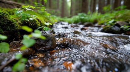 Fototapeta premium A vivid close-up of a stream flowing over rocks in a lush green forest, capturing the freshness and vitality of nature in stunning detail. Perfect for nature enthusiasts.