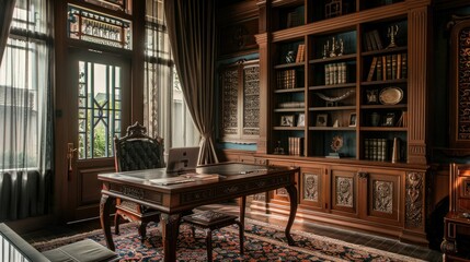 A home office with Thai batik curtains and wooden furniture crafted with intricate Thai patterns, fostering productivity."