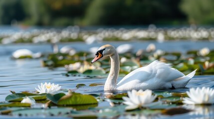 Obraz premium A graceful swan elegantly swims among floating white water lilies on a tranquil lake, creating a serene and peaceful scene that reflects the beauty of nature in perfect harmony.