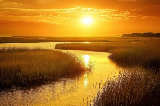 Marsh. Golden Sunset on Virginia Coast, USA. Coastal Salt Marsh Glows in Afternoon Sun - Powered by Adobe
