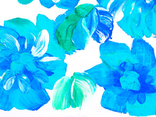 Abstract blue flowers, original hand drawn, impressionism style, color texture, brush strokes of paint, art background.