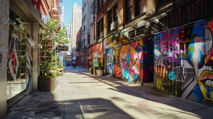 Generate a photo realistic image of urban art and cultural spaces, showcasing public art installations and performance areas; ensure the image is of high resolution for clear and detailed quality