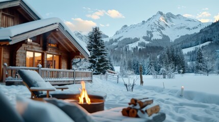 A cozy cabin surrounded by snow and a warm fire pit under winter's embrace, nestled in a tranquil and picturesque snowy landscape with mountains in the backdrop.