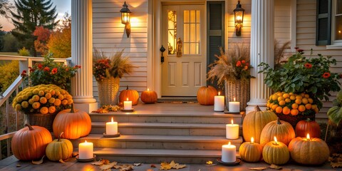 A porch decorated with candles and pumpkins AI Generative