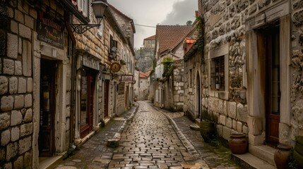Fototapeta premium A narrow alleyway in an ancient town with cobblestone pavement and historic buildings, evoking old-world charm.