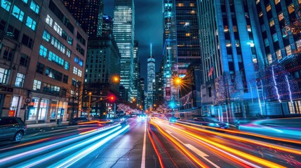Naklejka premium nighttime cityscape with illuminated skyscrapers and car light trails on a busy street, depicting urban nightlife.