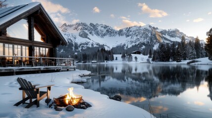 Beautiful cabin situated by a serene lake, with majestic snow-covered mountains in the background, reflecting tranquility and natural beauty in a winter setting.