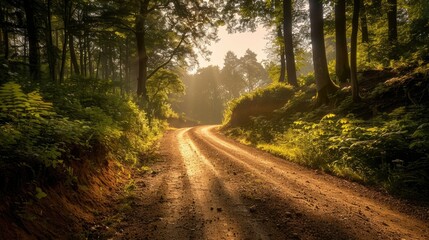 Fototapeta premium A rural dirt road winding through a forest with sunlight filtering through trees, creating a peaceful atmosphere.