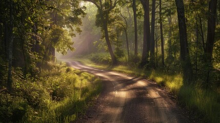 Fototapeta premium A rural dirt road winding through a forest with sunlight filtering through trees, creating a peaceful atmosphere.