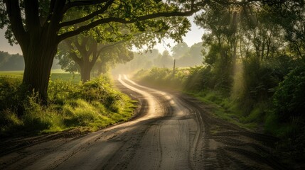 Fototapeta premium A rural dirt road winding through a forest with sunlight filtering through trees, creating a peaceful atmosphere.
