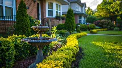 Fototapeta premium A suburban front yard with decorative shrubs and a birdbath, attracting wildlife and enhancing biodiversity.