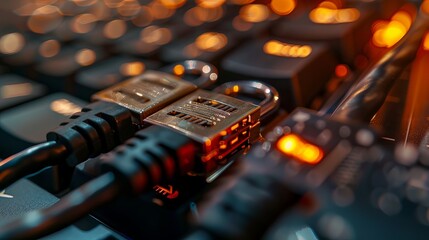 Internet security concept. Padlock with internet cables on computer keyboard