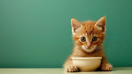 Charming ginger kitten with its feeding bowl, highlighted by a soothing green backdrop