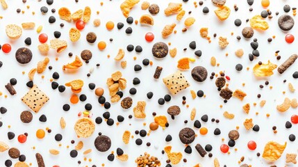 Various cat food treats scattered on a white background, close-up view