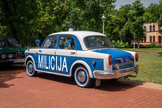 Police car Fiat 1100 Millecento 1958 (related to Zastava 1100) - narodna milicja SFRJ (People Militia of Jugoslavia).  Palic, Serbia, 30.06.2024