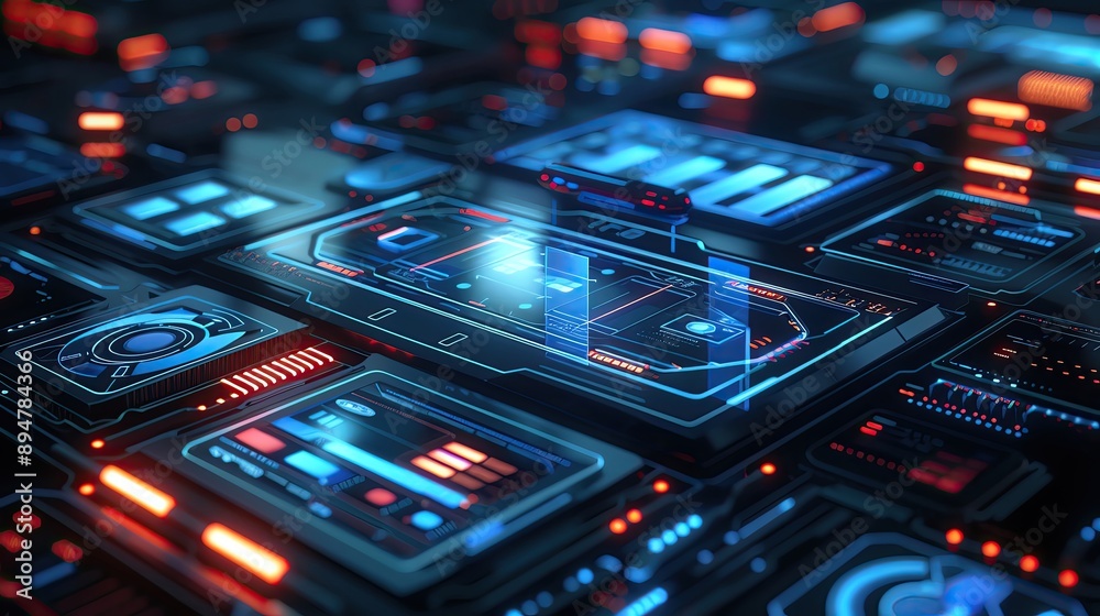 Poster futuristic interface with holographic displays and digital elements representing advanced technology