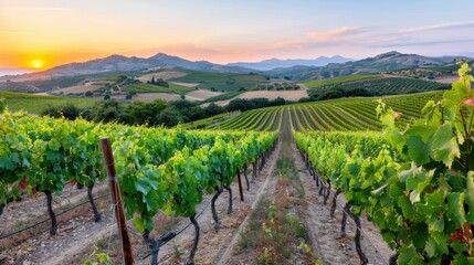 Naklejka premium Rows of lush green vines line the valley beneath a colorful sunset sky at dusk, showcasing the beauty of agricultural practice intertwined with nature's artistry.