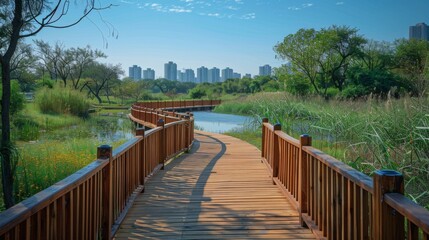 Obraz premium Scenic Urban Boardwalk in Nature Park