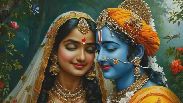 Immerse yourself in the divine love of Krishna and Radha with this beautifully captured moment. Watch as their adorned figures, vibrant attire, and expressive faces tell a timeless story of devotion