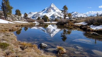 A serene high-altitude lake perfectly reflecting a snow-capped mountain peak, amidst a peaceful alpine landscape with crisp air and clear blue skies on a sunny day. - Powered by Adobe