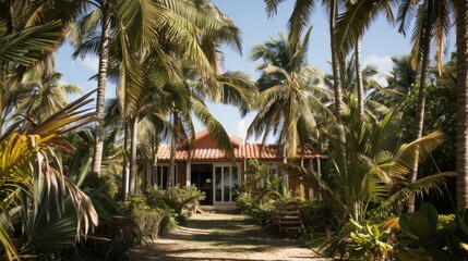 A cozy beach bungalow surrounded by palm trees, offering the perfect retreat for a serene summer vacation.