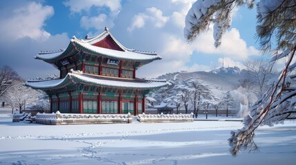 A peaceful winter day at Gyeongbokgung Palace, with snow blanketing the ancient grounds.