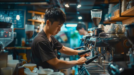 Barista Making Coffee in Busy Café
