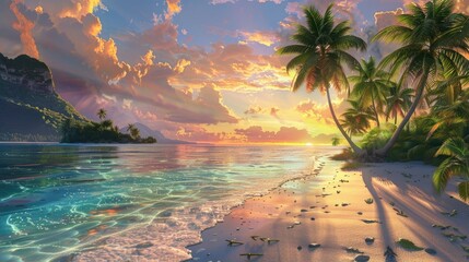 A scenic view of a tropical beach with palm trees, crystal-clear water, and a vibrant sunset painting the sky in warm hues.