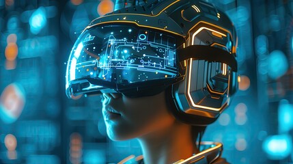 Futuristic VR headset user immersed in a virtual reality world with glowing neon lights and advanced technology interface.