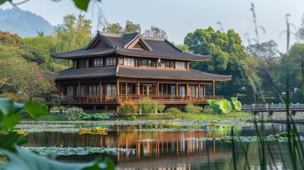 Naklejka premium Traditional Japanese Garden with Wooden House