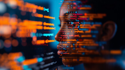 Obraz premium A double exposure of an AI human silhouette and computer code, symbolizing the integration between machine learning and software development