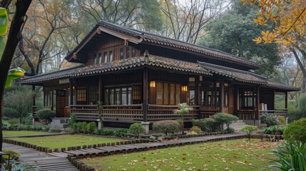 Traditional Japanese house in a serene garden setting