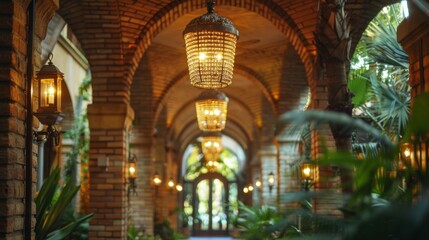 Obraz premium Ornate Brick Hallway with Chandeliers