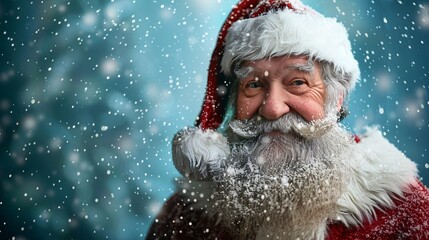 Santa Claus in a winter wonderland, with snow falling and holiday lights twinkling