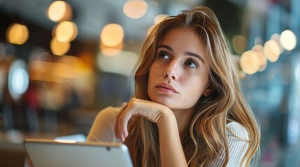 "Young Woman Daydreaming in Modern Cafe"