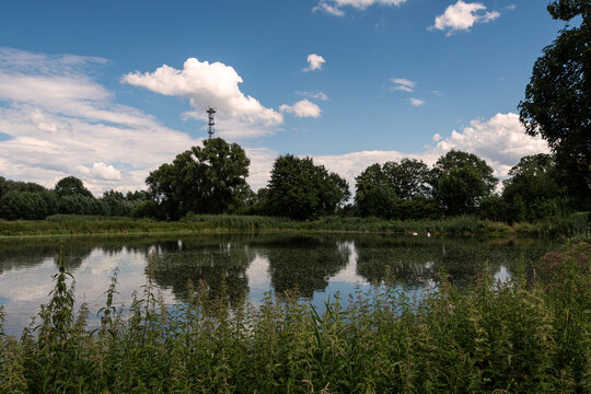 B&auml;ume spiegeln sich im Schlosssee Gifhorn. Sommerlicher Himmel mit wei&szlig;en Wolken rundet das Foto ab