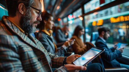 "Commuters on a Modern City Bus Using Digital Devices"