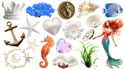 PNG underwater collage element set, transparent background