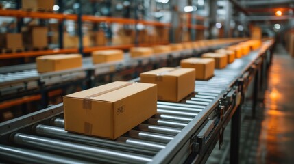 Obraz premium Packages Moving on Conveyor Belt in Distribution Warehouse