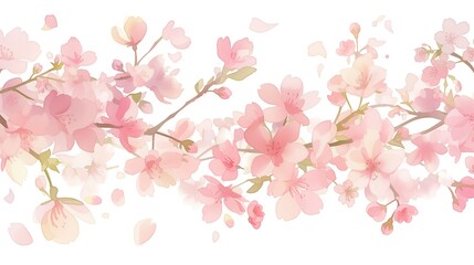 A vector illustration of pink cherry blossoms in watercolor style, arranged vertically to form an elegant pattern on white background.  generated AI