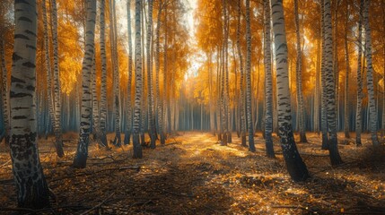 Autumn birch forest sunset magic
