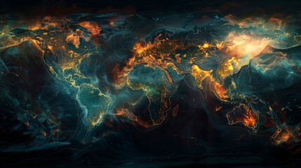Fototapeta premium Abstract World Map with Glowing Patterns and Colors