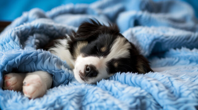 cute adorable border collie puppy dog sleeping on blue blanket; close-up to black and white doggy nose and face; copy space for text